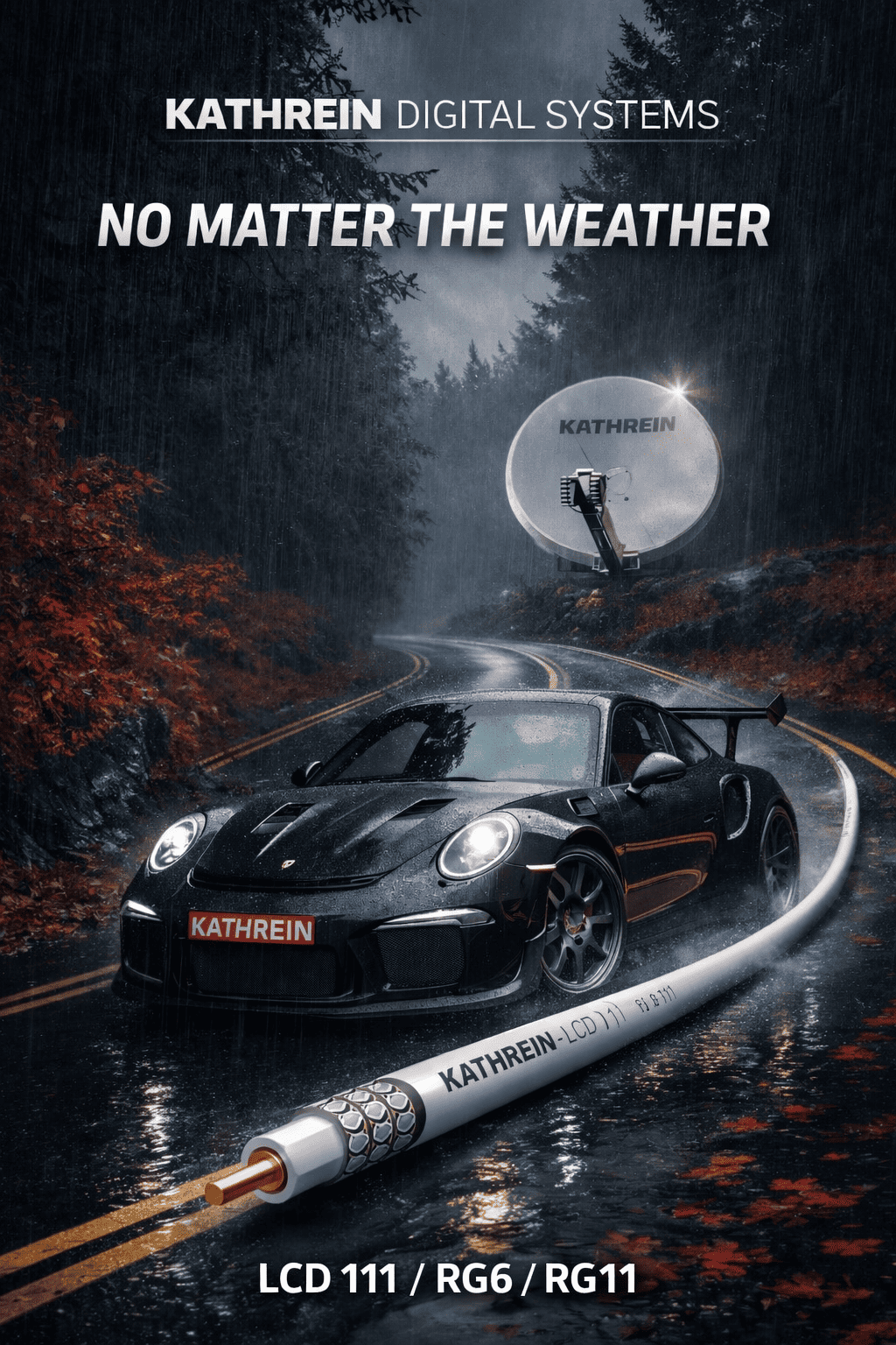 Kathrein satellite system with fast cars in the rain – withstands all weather conditions.